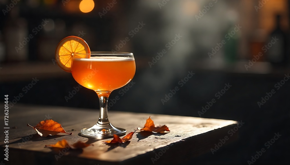 Savor a vibrant orange cocktail garnished with citrus, bathed in warm golden light, evoking cozy autumn evenings with fallen leaves nearby.