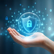 © NongEngEng - AI generated ultra realistic digital art showing a human hand holding holographic shield with padlock symbol representing cybersecurity data protection and modern trust