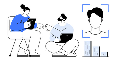 Two people using tablet and laptop, data bars, facial recognition outline. Ideal for teamwork, technology, planning, analytics, biometrics digital tools identity verification. Simple flat metaphor