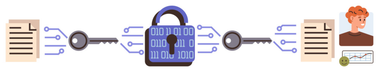 Lock with binary code connected to keys, files, and a person symbolizes encryption and secure data. Ideal for cybersecurity, privacy, technology, communication, protection, authentication simple
