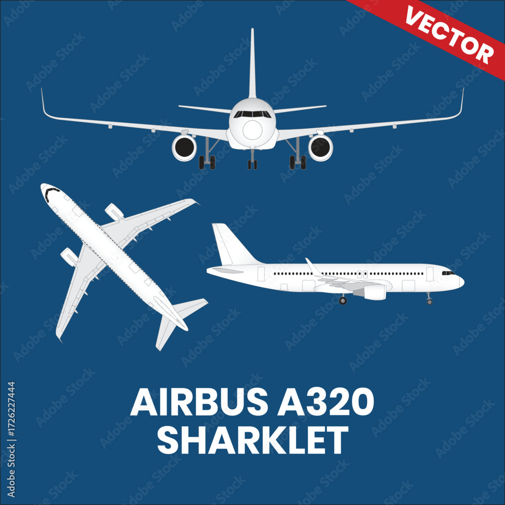 Line drawings of Airbus A320 Sharklet aircraft top view side view front view with two jet engine 
