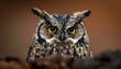 © Yoki - Close-up of a great horned owl, staring intensely, partially obscured by ground cover