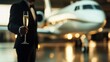 © tharushi - travel experience portrayed with a private jet on the runway, a five-star hotel reservation, and a butler offering champagne, on blurred background