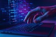 © Bijac - Creative coder hand over backlit laptop keyboard with flowing neon data streams abstract lines and numbers concept of innovation and productivity