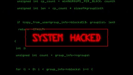 System breach hacking warning displayed on a digital computer screen with red text alert showing system hacked message over green programming code background. Concept of cybersecurity threat, malware 