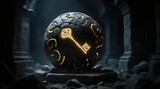 ancient glowing sphere with key symbol representing magic and unlocking secrets | fantasy, magic, game, mystery, adventure theme