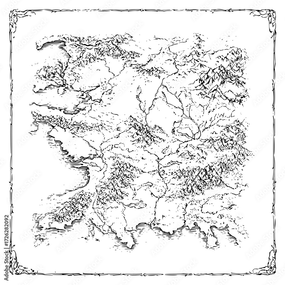 Fantasy world map illustration for rpg game design, black and white ...