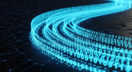 Futuristic stream of binary code flowing on a network, representing data transmission and