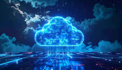 Wall Mural - Futuristic cloud computing concept illustration with glowing blue global technology under night sky