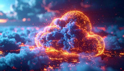 Wall Mural - Futuristic cloud computing concept illustration with glowing blue global technology under night sky