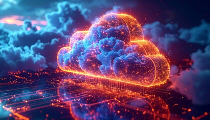 Wall Mural - Futuristic cloud computing concept illustration with glowing blue global technology under night sky