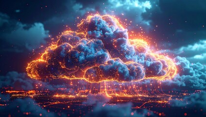 Wall Mural - Futuristic cloud computing concept illustration with glowing blue global technology under night sky