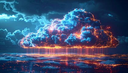 Wall Mural - Futuristic cloud computing concept illustration with glowing blue global technology under night sky