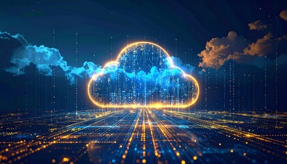 Wall Mural - Futuristic cloud computing concept illustration with glowing blue global technology under night sky