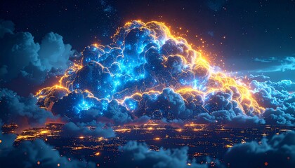 Wall Mural - Futuristic cloud computing concept illustration with glowing blue global technology under night sky.

