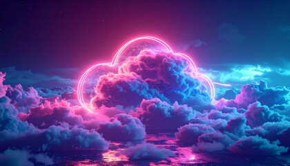 Wall Mural - Futuristic cloud computing concept illustration with glowing blue global technology under night sky