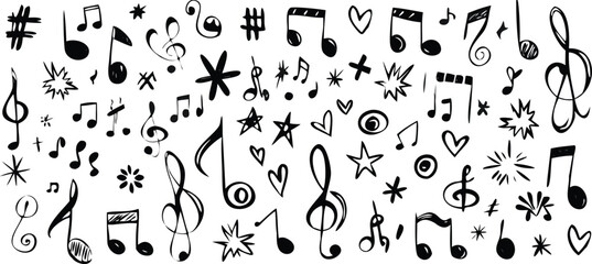 Vector art of handdrawn music notes and symbols on white background 

