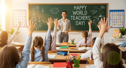 Happy World Teachers' Day celebrated by eager students raising hands in a classroom setting with a smiling teacher