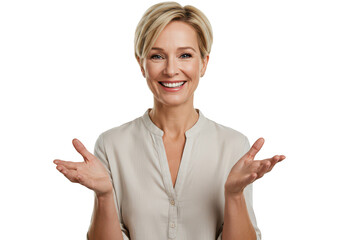 smiling woman with short blonde hair gesturing openly towards the viewer transparent background