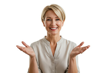 smiling woman gesturing with open hands towards the viewer in a professional setting transparent bac