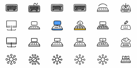 Hand drawn computer and keyboard icons for modern office technology needs, perfect for app or website design, clean style