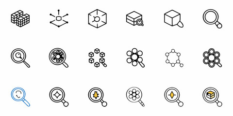 Collection of modern search icons representing data analysis, research, and technology concepts