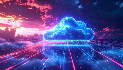 Wall Mural - Digital cloud computing concept with blue light energy and motion pattern background and glowing clouds illustration
