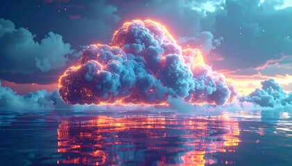 Wall Mural - Digital cloud computing concept with blue light energy and motion pattern background and glowing clouds illustration