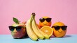 © Dominika - Fruit gang — apple, bananas, and oranges wearing sunglasses with cheerful smiles — playful, colorful still life perfect for healthy eating, summer, or fun food-themed content.