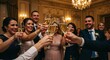 © David - Celebration toasts at elegant wedding reception grand ballroom festive atmosphere group perspective