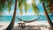 © shimul - Relaxing Beach Hammock Between Palm Trees Over Turquoise Ocean Paradise On A Sunny Tropical Day