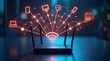 © Spirit - Modern Wi Fi router displayed against a vibrant neon background with glowing signals indicating connectivity, 3d render