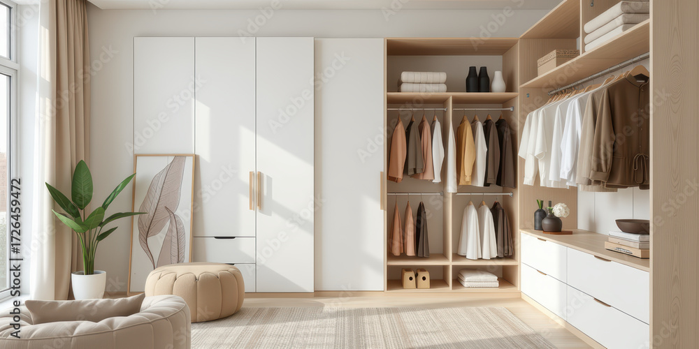 Modern wardrobe minimalist bedroom closet with natural light and ...