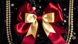 © CHOISH - 검은 벨벳 위 금빛·레드 새틴 더블 리본, 진주 장식의 고급 무드 Luxurious Red and Gold Satin Double Bow on Black Velvet with Pearls
