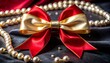 © CHOISH - 검은 벨벳 위 금빛·레드 새틴 더블 리본, 진주 장식의 고급 무드 Luxurious Red and Gold Satin Double Bow on Black Velvet with Pearls