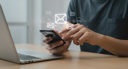 Man using smartphone to send and receive email, digital marketing, business technology concept