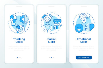 Wall Mural - Life skills blue onboarding mobile app screen. Routine confidence. Walkthrough 3 steps editable graphic instructions with linear concepts. UI, UX, GUI. Montserrat SemiBold, Regular fonts used