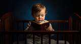 Baby boy sitting in a crib and reading a Bible. Early religious education concept for children. Spirituality and faith.
