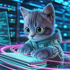 Coding Kitten A Cute Cat Programmer Working on a Computer with Neon Lights and Digital Interface Display