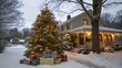 © MDAzizul - Christmas tree with gifts in front of a house covered in snow