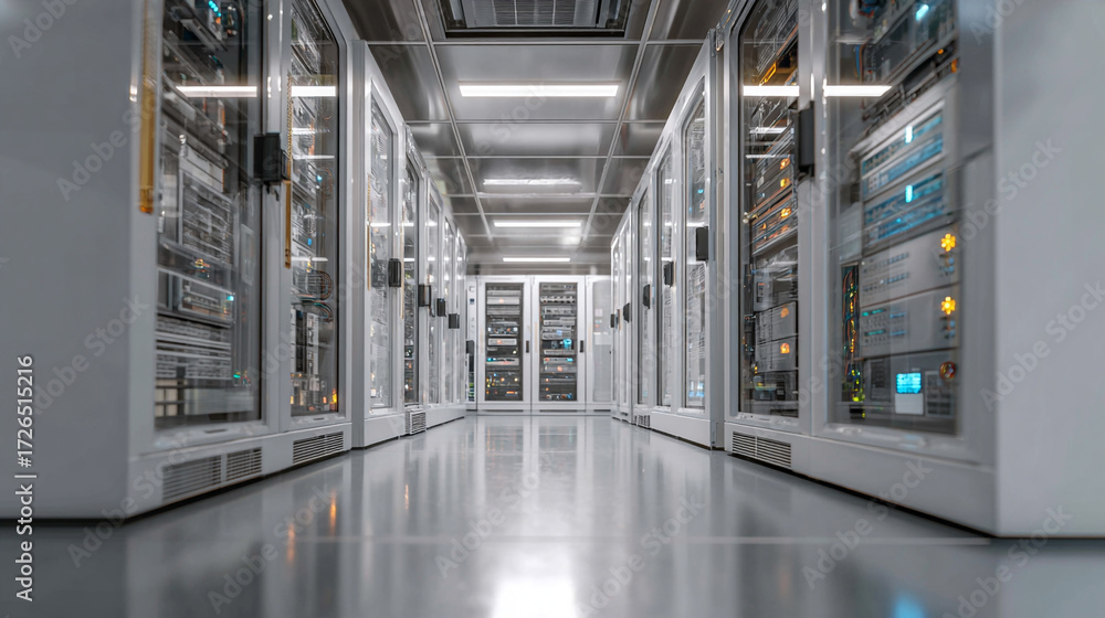 Server Rack Aisel Cold Aisle View of Open Server Racks in a Data Center Environment with ...