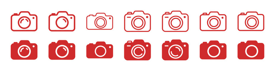 Wall Mural - Extensive set of red camera icons in outline and solid styles with various body shapes and lens details, representing photography, video, and multimedia concepts for modern technology.