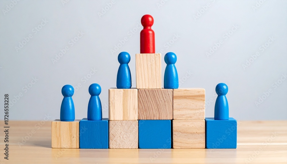 Pyramid of wooden blocks with red and blue game pieces—evoking ...
