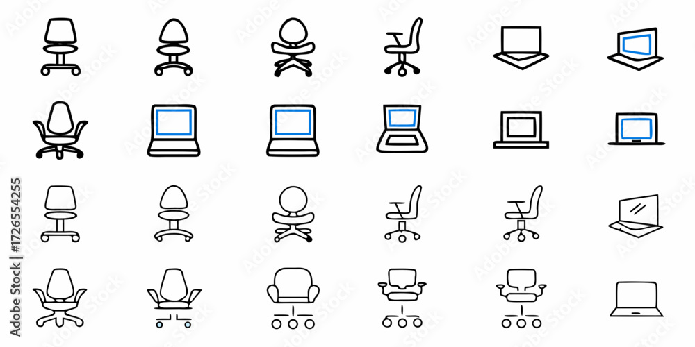 Modern office chairs and laptops create dynamic workspace icons for ...