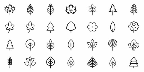 Charming hand drawn botanical icons featuring diverse leaves, trees, and floral elements for organic designs and nature themes