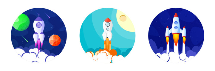 Wall Mural - Rocket launch, space futuristic colorful background with planets and stars. Cartoon starship, spaceship in night sky. Solar system, galaxy and universe exploration. Vector illustration