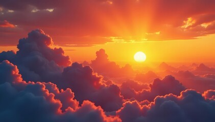 Wall Mural - Fiery orange sunset, fluffy clouds drift across the sky , gradation, light