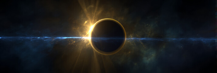 Wall Mural - Futuristic solar eclipse over glowing planet horizon