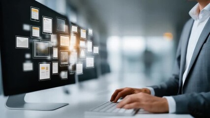 Wall Mural - Tech at Hand: A professional immersed in a digital world, skillfully navigating through a grid of data with a keyboard and monitor in the forefront. 