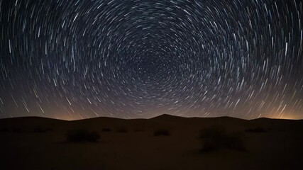 Wall Mural - Mesmerizing time lapse of star trails arching across a clear night sky above a vast, ancient desert landscape, symbolizing the untouched wilderness desert, star trails, cosmos